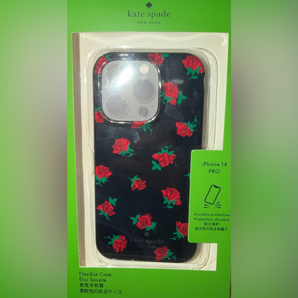 NEW - Kate Spade ♠️ iPhone 14 Pro Flexible Case - Black with Red Floral Design